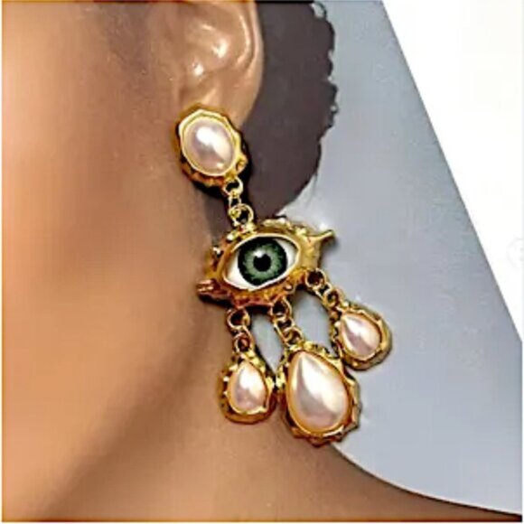 NEW ~ Free People Protective Eye Pearl Dangle Gold Earrings - Picture 4 of 10